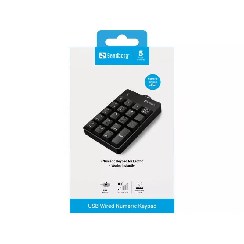 Sandberg Ενσύρματο αριθμητικό πληκτρολόγιο USB, USB, 19, Φορητός υπολογιστής/PC, 1,5 m, Μαύρο