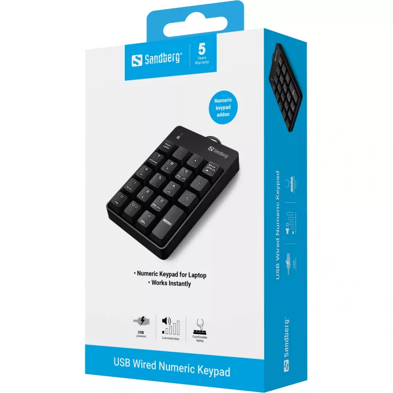 Sandberg Ενσύρματο αριθμητικό πληκτρολόγιο USB, USB, 19, Φορητός υπολογιστής/PC, 1,5 m, Μαύρο