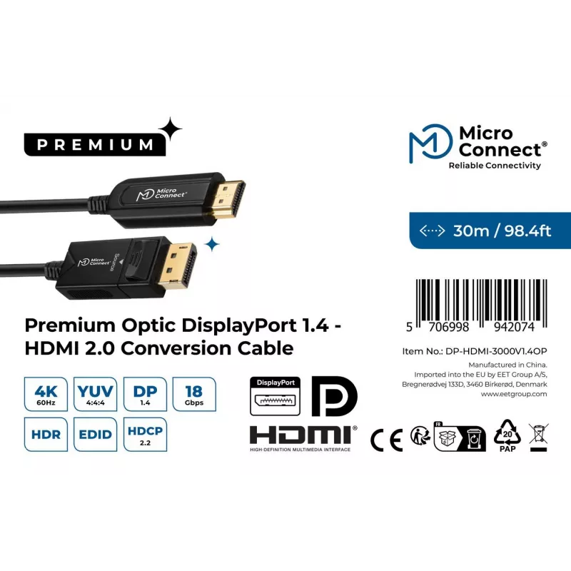 Microconnect DP-HDMI-3000V1.4OP Καλώδιο-προσαρμογέας βίντεο 30 m DisplayPort HDMI Type-A (Standard) μαύρο
