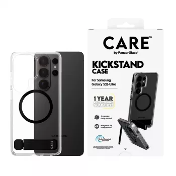 Θήκη PanzerGlass CARE™ Urban Explorer για Samsung Galaxy S26 Ultra — διαφανές κάλυμμα με μαύρο kickstand και υποστήριξη Qi
