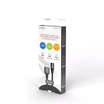 Καλώδιο USB 2.0 SAVIO CL-155, USB A σε εναλλασσόμενο USB-C / Micro-USB B / Lightning, 2 m, μαύρο