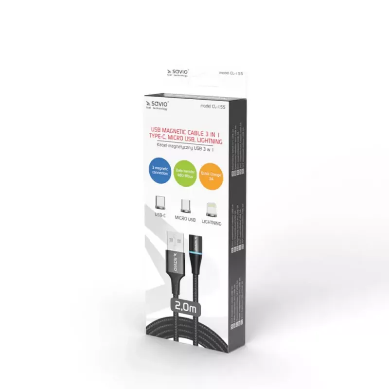 Καλώδιο USB 2.0 SAVIO CL-155, USB A σε εναλλασσόμενο USB-C / Micro-USB B / Lightning, 2 m, μαύρο