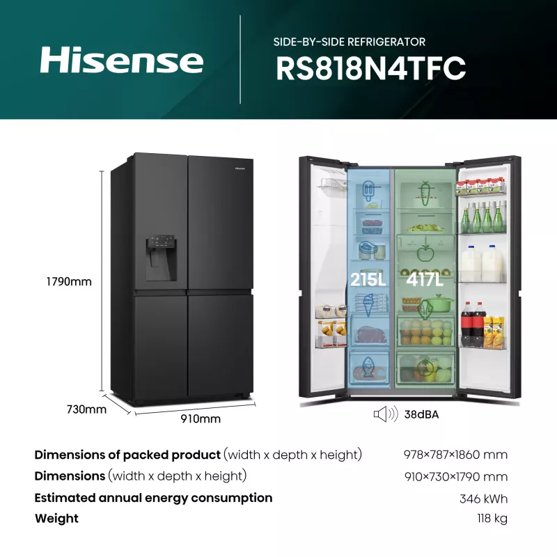 Hisense RS818N4TFC Ψυγείο Side-by-Side Ελεύθερο 632 L Μαύρο, Ανοξείδωτο Ατσάλι