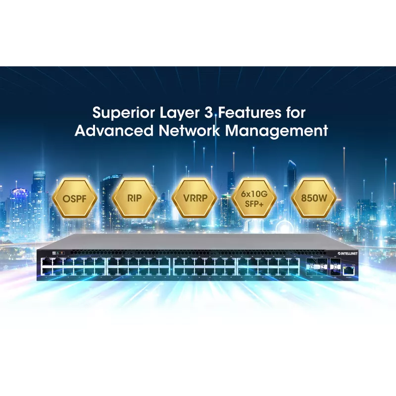 Intellinet Διακόπτης L3 Fully Managed PoE+ 54 θυρών με 48 θύρες Gigabit Ethernet και 6 SFP+ Uplinks
