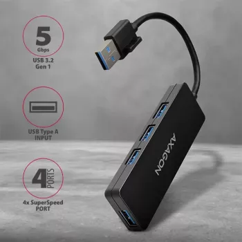 Axagon SuperSpeed USB λεπτό Hub, USB 3.2 Gen 1 (3.1 Gen 1) Type-A, USB 3.2 Gen 1 (3.1 Gen 1) Type-A, 5000 Mbit/s, μαύρο, πλαστικό, 0,14 m
