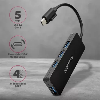 Axagon SuperSpeed USB-C λεπτό Hub, USB 3.2 Gen 1 (3.1 Gen 1) Type-C, USB 3.2 Gen 1 (3.1 Gen 1) Type-A, 5000 Mbit/s, μαύρο, πλαστικό, 0,14 m