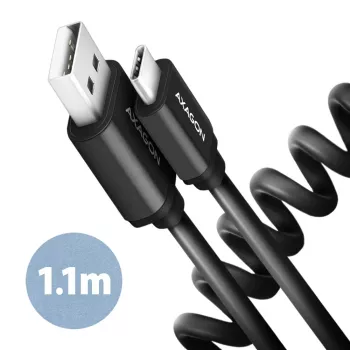 Καλώδιο δεδομένων και φόρτισης Axagon USB 2.0 μήκος 1,1 m. 3A. Μαύρο σπειροειδές. Καλώδιο USB USB A USB C