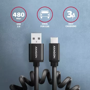 Καλώδιο δεδομένων και φόρτισης Axagon USB 2.0 μήκος 1,1 m. 3A. Μαύρο σπειροειδές. Καλώδιο USB USB A USB C