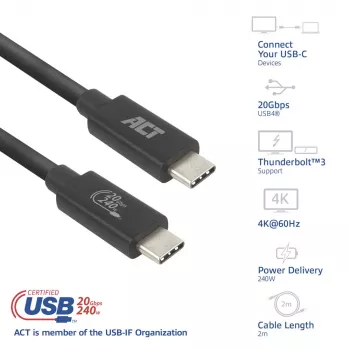 ACT USB4 20Gbps 240W καλώδιο USB Type-C 2m Μαύρο USB-IF πιστοποιημένο