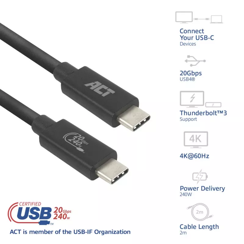 ACT USB4 20Gbps 240W καλώδιο USB Type-C 2m Μαύρο USB-IF πιστοποιημένο