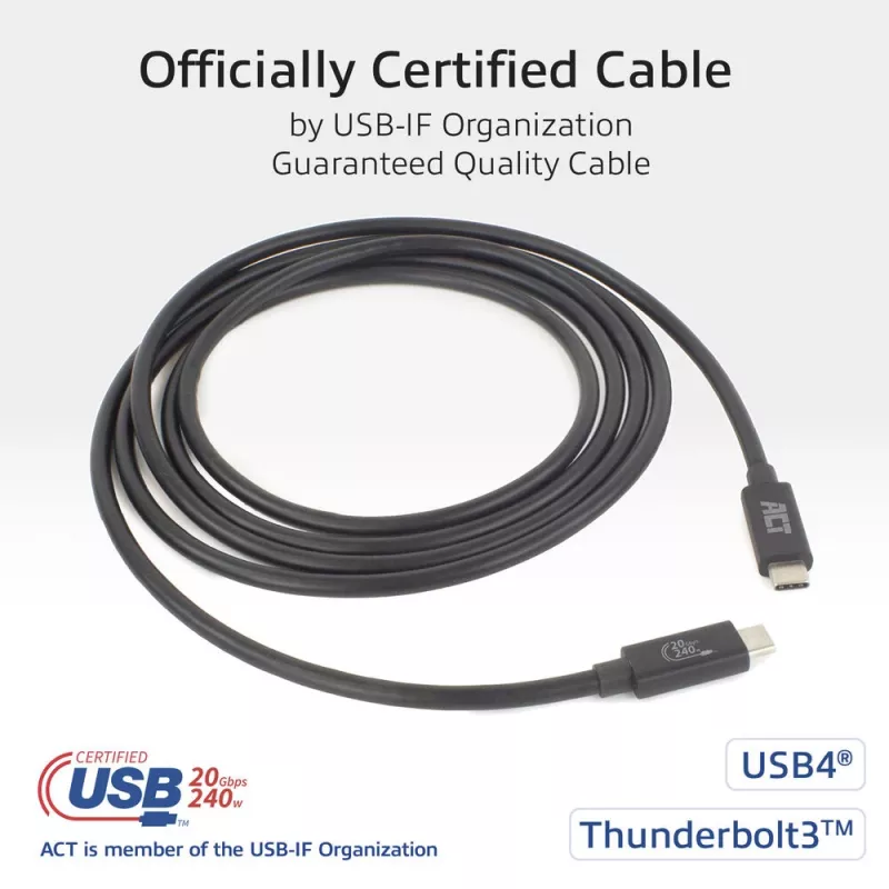 ACT USB4 20Gbps 240W καλώδιο USB Type-C 2m Μαύρο USB-IF πιστοποιημένο