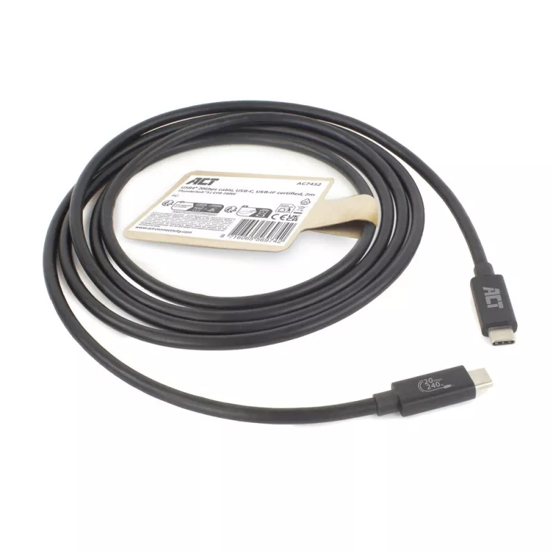 ACT USB4 20Gbps 240W καλώδιο USB Type-C 2m Μαύρο USB-IF πιστοποιημένο