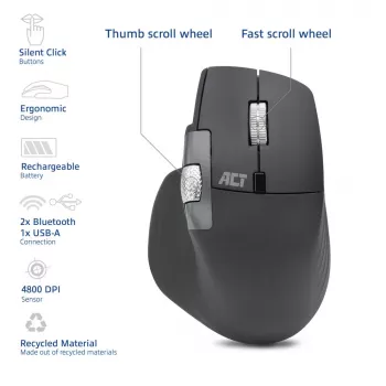 ACT AC5147 ασύρματο ποντίκι, Bluetooth/USB, Silent Click, 4800 DPI, γκρι