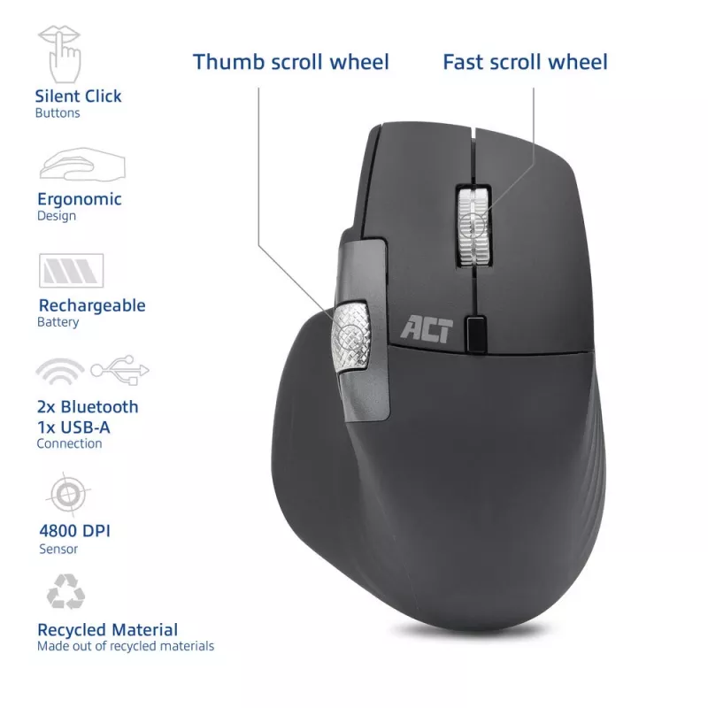 ACT AC5147 ασύρματο ποντίκι, Bluetooth/USB, Silent Click, 4800 DPI, γκρι