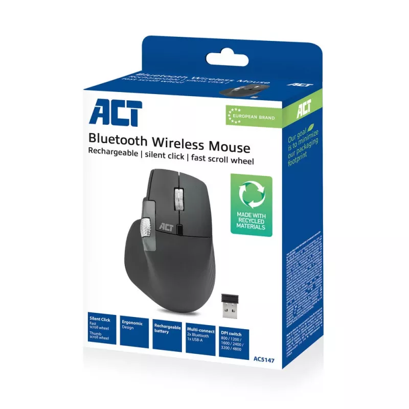 ACT AC5147 ασύρματο ποντίκι, Bluetooth/USB, Silent Click, 4800 DPI, γκρι