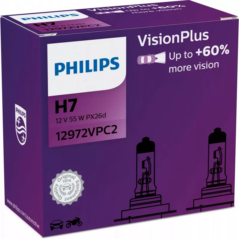 Philips VisionPlus 12972VPC2 Περισσότερη ασφάλεια και άνεση, 55 W, 12 V, H7, Halogen, 2 τεμ.