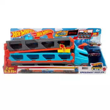 Hot Wheels City Speedway Hauler Carrier με 3 παιχνιδιάρικα αυτοκίνητα, Σετ οχημάτων, 4 έτος(-η), Πλαστικό, Γκρι, Πολύχρωμο