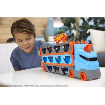 Hot Wheels City Speedway Hauler Carrier με 3 παιχνιδιάρικα αυτοκίνητα, Σετ οχημάτων, 4 έτος(-η), Πλαστικό, Γκρι, Πολύχρωμο