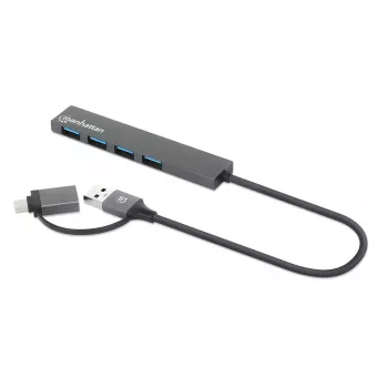 Manhattan USB-C & USB-A Combo Dock/Hub, θύρες (4): USB-A (x4), 5 Gbps (USB 3.2 Gen1 γνωστό και ως USB 3.0), τροφοδοσία μέσω USB (δεν απαιτείται εξωτερικό τροφοδοτικό), καλώδιο 25 cm