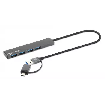 Manhattan USB-C & USB-A Combo Dock/Hub, θύρες (4): USB-A (x4), 5 Gbps (USB 3.2 Gen1 γνωστό και ως USB 3.0), τροφοδοσία μέσω USB (δεν απαιτείται εξωτερικό τροφοδοτικό), καλώδιο 25 cm