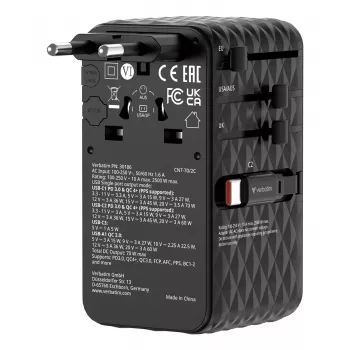 Verbatim Charge 'n' Travel 70W 2C αναδιπλούμενος καθολικός ταξιδιωτικός προσαρμογέας μαύρο