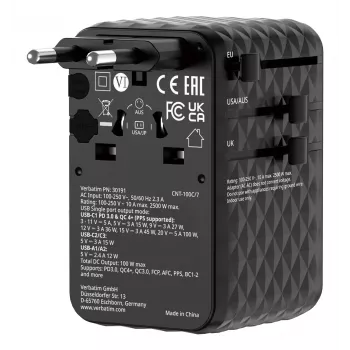 Verbatim Charge 'n' Travel 100W καθολικός ταξιδιωτικός προσαρμογέας με αναδιπλούμενο καλώδιο μαύρο
