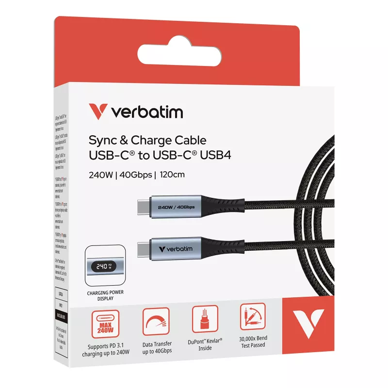 Verbatim Sync & Charge καλώδιο USB-C σε USB-C 240W 40 Gbit/s με οθόνη 120 cm