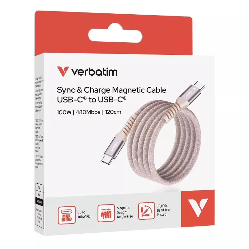 Verbatim Sync & Charge μαγνητικό καλώδιο – 100W USB-C σε USB-C, 120 cm, ροζ