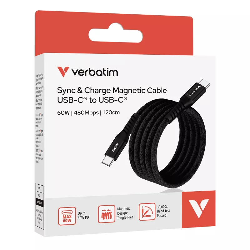 Verbatim Sync & Charge μαγνητικό καλώδιο – 60 W USB-C σε USB-C, 120 cm, μαύρο