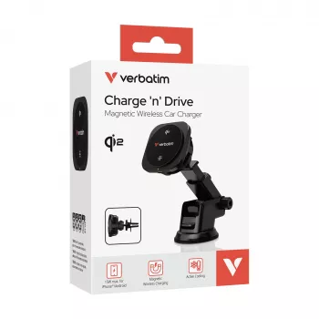 Verbatim Charge 'n' Drive Qi2 μαγνητικός ασύρματος φορτιστής αυτοκινήτου, αυτοκίνητο, USB, ασύρματη φόρτιση, 1 m, μαύρο