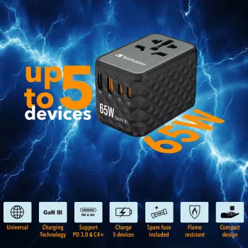 Verbatim UTA-05 65W GaN III universal travel adapter με 2 x USB-C PD & QC 4+ & 2 x USB-A υποδοχές