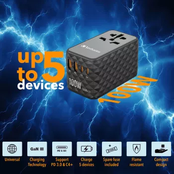 Verbatim UTA-06 100W GaN III universal travel adapter με 2 x USB-C PD & QC 4+ & 2 x USB-A QC 3.0 υποδοχές