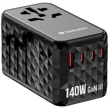 Verbatim UTA-10 140W GaN III universal travel adapter με 2 x USB-C PD 3.1 & QC 4+, 1 x USB-C PD 3.0 & 1 x USB-A QC 3.0 υποδοχές