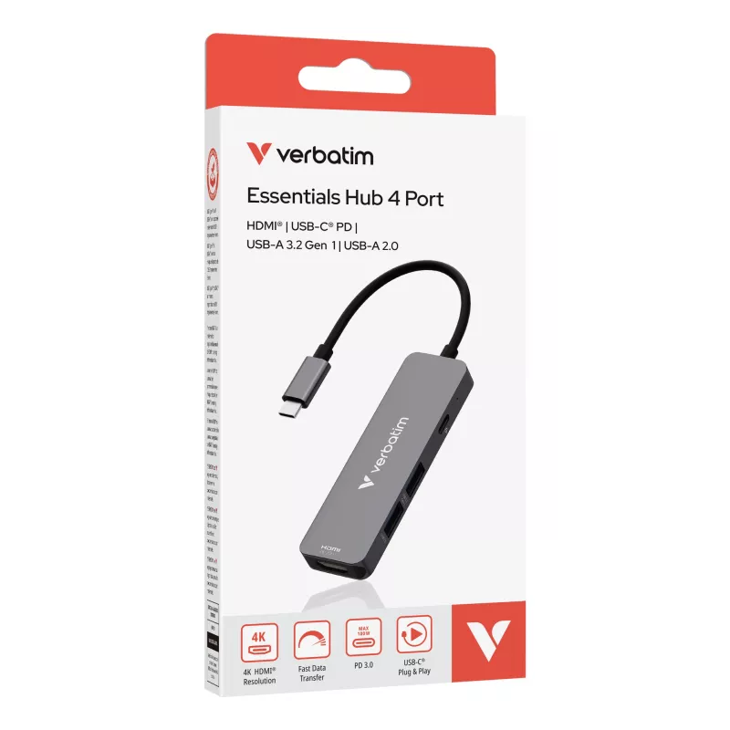 Verbatim USB-C Essentials multiport hub 4 θύρες: HDMI, USB-C PD, USB-A 3.2 Gen 1, USB-A