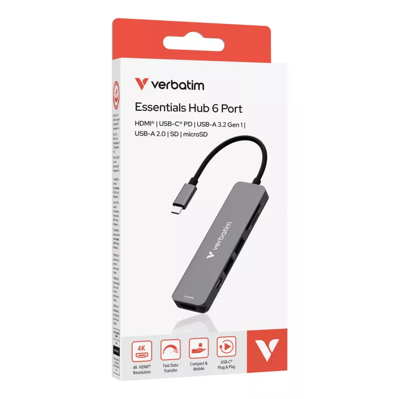 Verbatim USB-C Essentials multiport hub 6 θύρες: HDMI, USB-C PD, USB-A 3.2 Gen 1, USB-A, SD & microSD