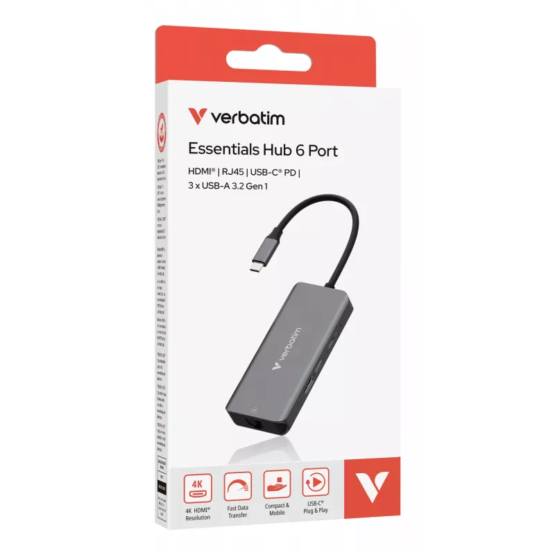 Verbatim USB-C Essentials multiport hub 6 θύρες: RJ45, HDMI, USB-C PD, 3 x USB-A 3.2 Gen 1