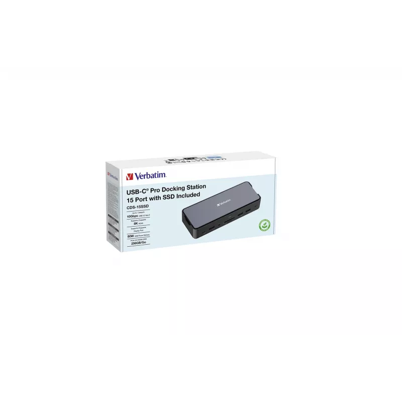 Verbatim CDS-15SSD USB-C Pro ενσύρματος σταθμός σύνδεσης, USB 3.2 Gen 1 (3.1 Gen 1) Type-C, 15 θύρες, SSD 256 GB, 2x HDMI, DisplayPort, 100 W Power Delivery, μαύρος, γκρι