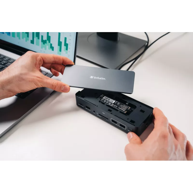 Verbatim CDS-15SSD USB-C Pro ενσύρματος σταθμός σύνδεσης, USB 3.2 Gen 1 (3.1 Gen 1) Type-C, 15 θύρες, SSD 256 GB, 2x HDMI, DisplayPort, 100 W Power Delivery, μαύρος, γκρι