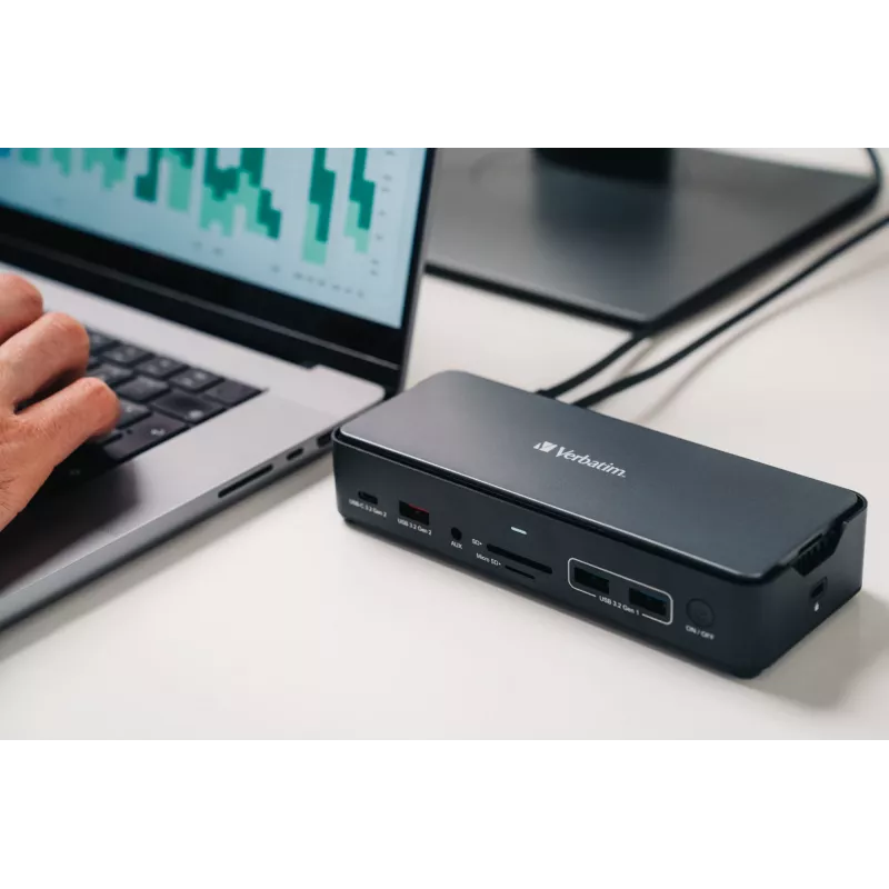 Verbatim CDS-15SSD USB-C Pro ενσύρματος σταθμός σύνδεσης, USB 3.2 Gen 1 (3.1 Gen 1) Type-C, 15 θύρες, SSD 256 GB, 2x HDMI, DisplayPort, 100 W Power Delivery, μαύρος, γκρι