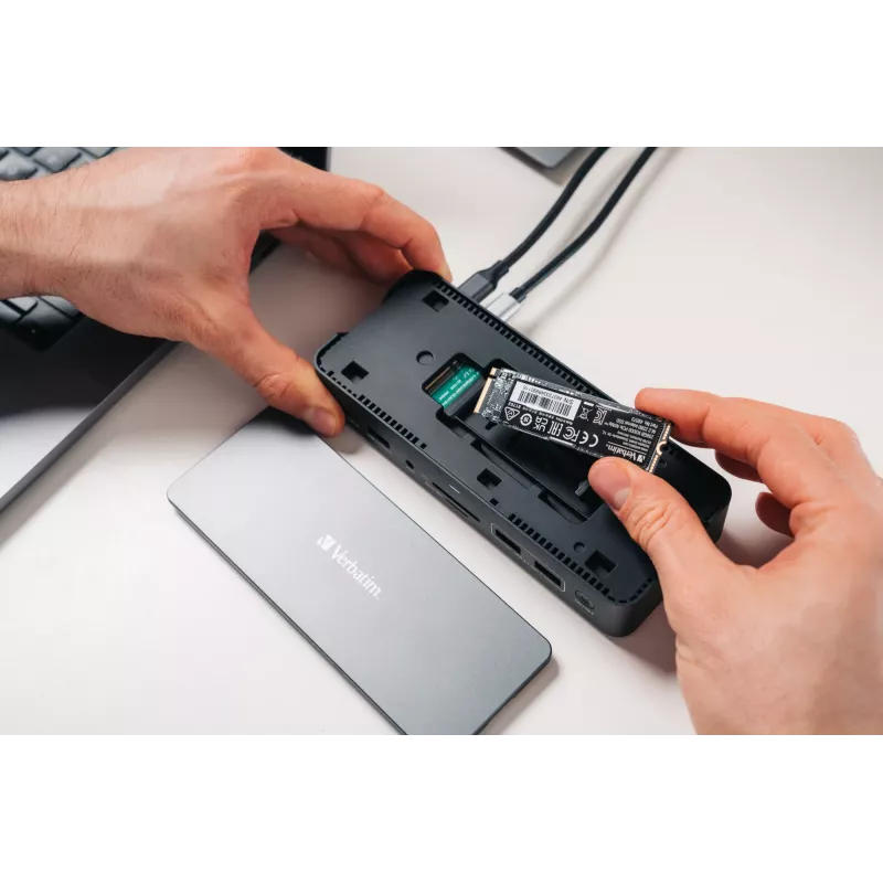 Verbatim CDS-15SSD USB-C Pro ενσύρματος σταθμός σύνδεσης, USB 3.2 Gen 1 (3.1 Gen 1) Type-C, 15 θύρες, SSD 256 GB, 2x HDMI, DisplayPort, 100 W Power Delivery, μαύρος, γκρι