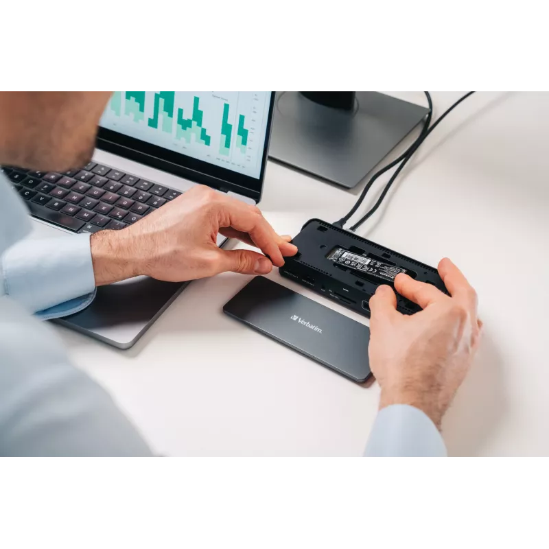Verbatim CDS-15SSD USB-C Pro ενσύρματος σταθμός σύνδεσης, USB 3.2 Gen 1 (3.1 Gen 1) Type-C, 15 θύρες, SSD 256 GB, 2x HDMI, DisplayPort, 100 W Power Delivery, μαύρος, γκρι