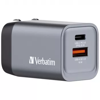 Verbatim GNC-35 φορτιστής GaN 35W με 1 x USB-C PD 35W / 1 x USB-A QC 3.0 (EU/UK/US)