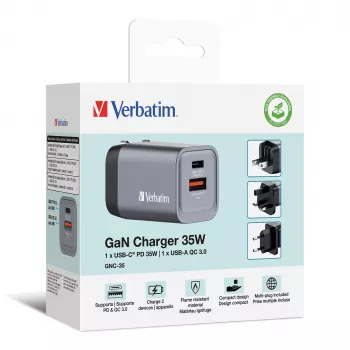 Verbatim GNC-35 φορτιστής GaN 35W με 1 x USB-C PD 35W / 1 x USB-A QC 3.0 (EU/UK/US)