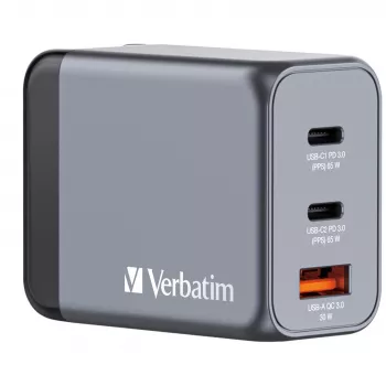 Verbatim GNC-65 φορτιστής GaN 65W με 2 x USB-C PD 65W / 1 x USB-A QC 3.0 (EU/UK/US)