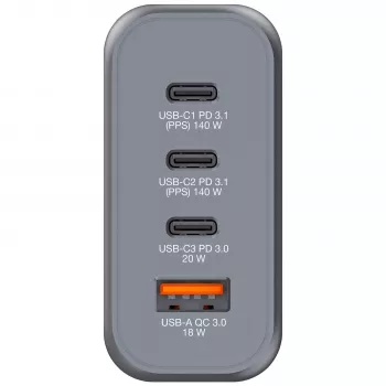 Verbatim GNC-140 φορτιστής GaN 140 W με 2 x USB-C PD 140 W / 1 x USB-C PD 20 W / 1 x USB-A QC 3.0 (EU/UK/US)