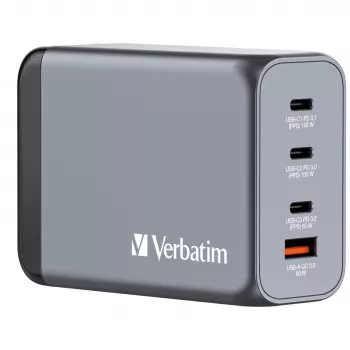 Verbatim GNC-240 φορτιστής GaN 240 W με 1 x USB-C 140 W / 1 x USB-C 100 W / 1 x USB-C 65 W / 1 x USB-A QC 3.0 (EU/UK/US)