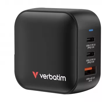 Verbatim Mini φορτιστής GaN 70W 3 θυρών με βύσμα US και αντάπτορες EU και UK