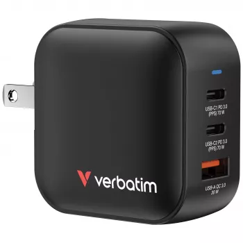 Verbatim Mini φορτιστής GaN 70W 3 θυρών με βύσμα US και αντάπτορες EU και UK