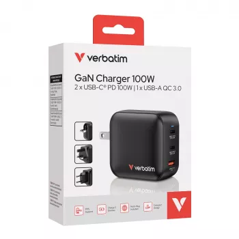 Verbatim φορτιστής GaN 100W universal μαύρο γρήγορη φόρτιση AC εσωτερικού χώρου