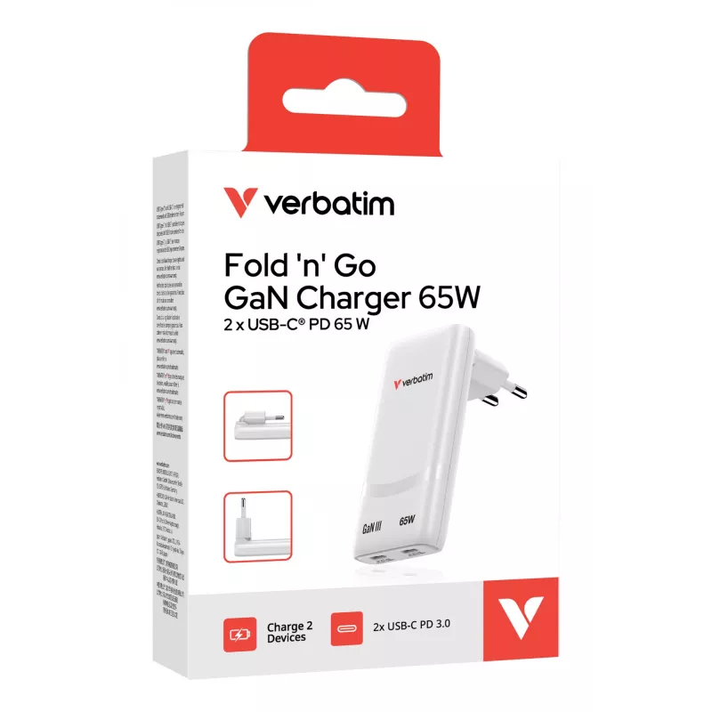 Verbatim Fold 'n' Go GaN φορτιστής 65W βύσμα EU λευκό